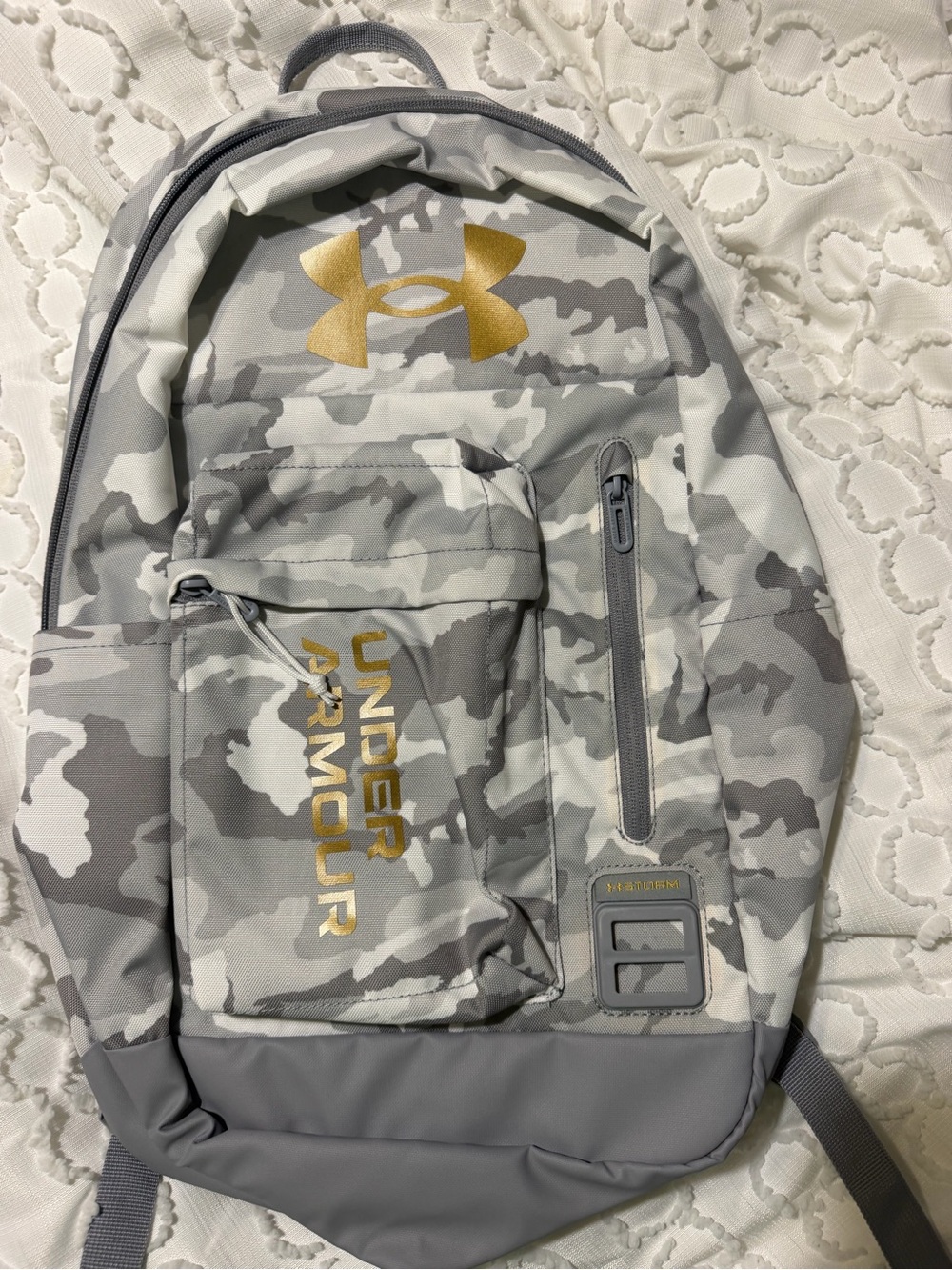 Under Armour Gray Camo Backpack with Gold Logo Accents
